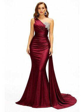 Burgundy Satin One Shoulder Gown Slit Ruched Formal Dress Size 10